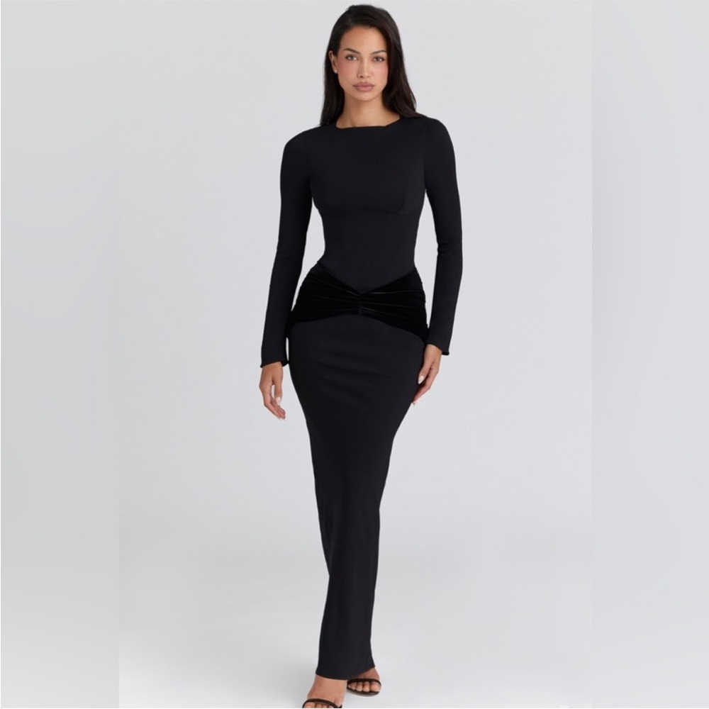 House of CB Athena Black Long Sleeve Crepe Jersey Maxi Dress, SMALL